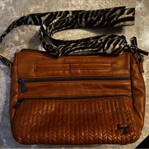 Lug Brown Quilted Shoulder Bag with Patterned Strap